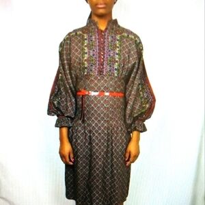 𝅺70s Batwing Vintage Paisley Geometric Impressionist Print Prairie Empire Dress